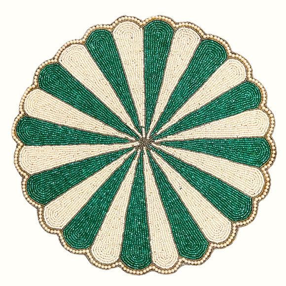 Tiramisu Glass Beaded Placemats 15in Green & Cream Candy Stripe Set of 2 NEW - Picture 4 of 9